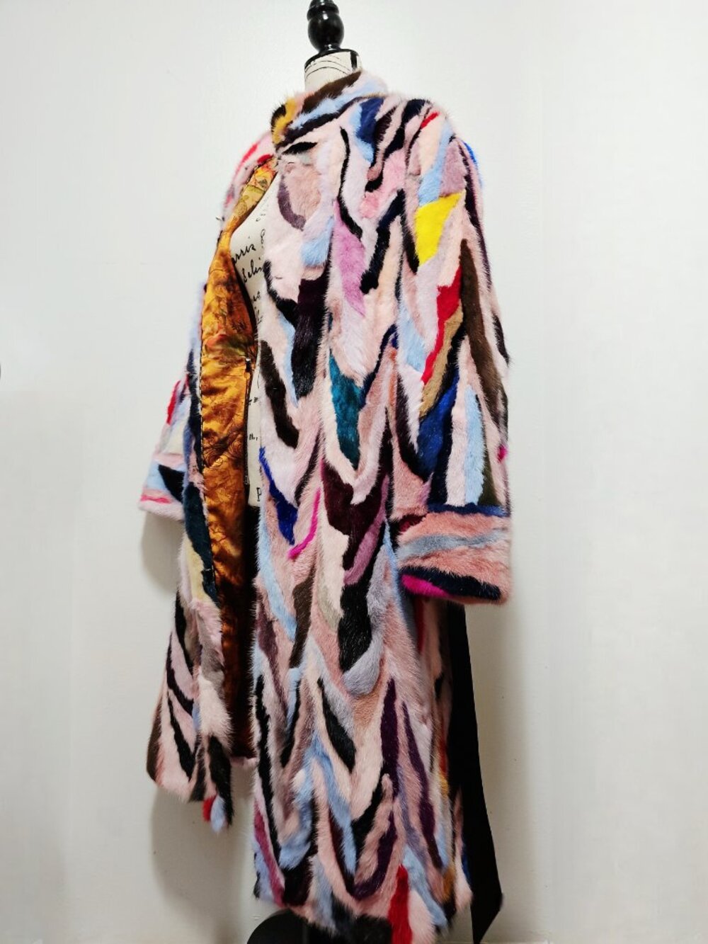 NewReal Mink Fur OverCoat Striped Mosaic Pieced Belted Red Pink Blue White NoFox - Picture 4 of 6